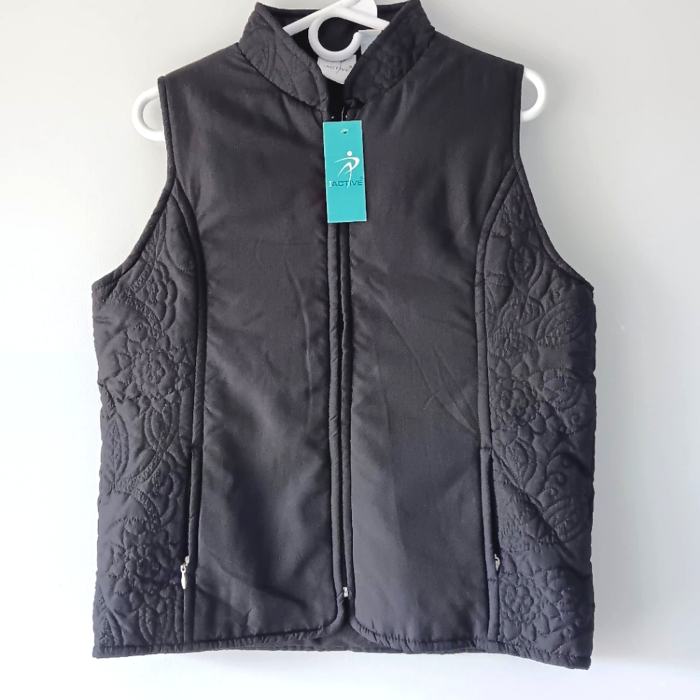 NEW I Active Insulated Full Zip Black Vest Quilted Stand Collar Pockets Medium